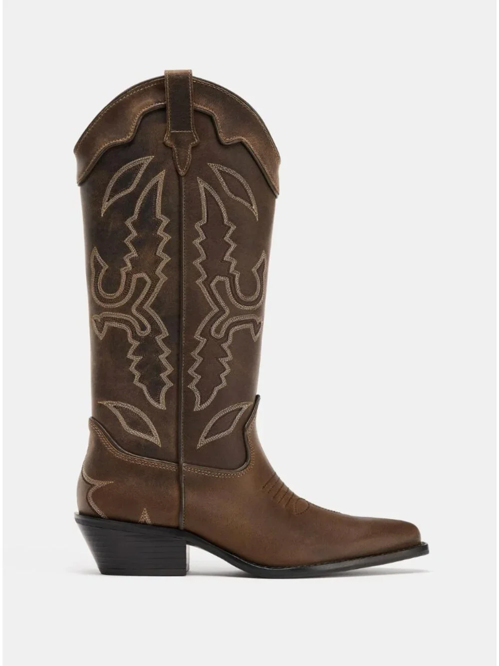 ZARA Tall Leather Cowboy Boots | Distressed Brown | Embroidered | NWT | Size